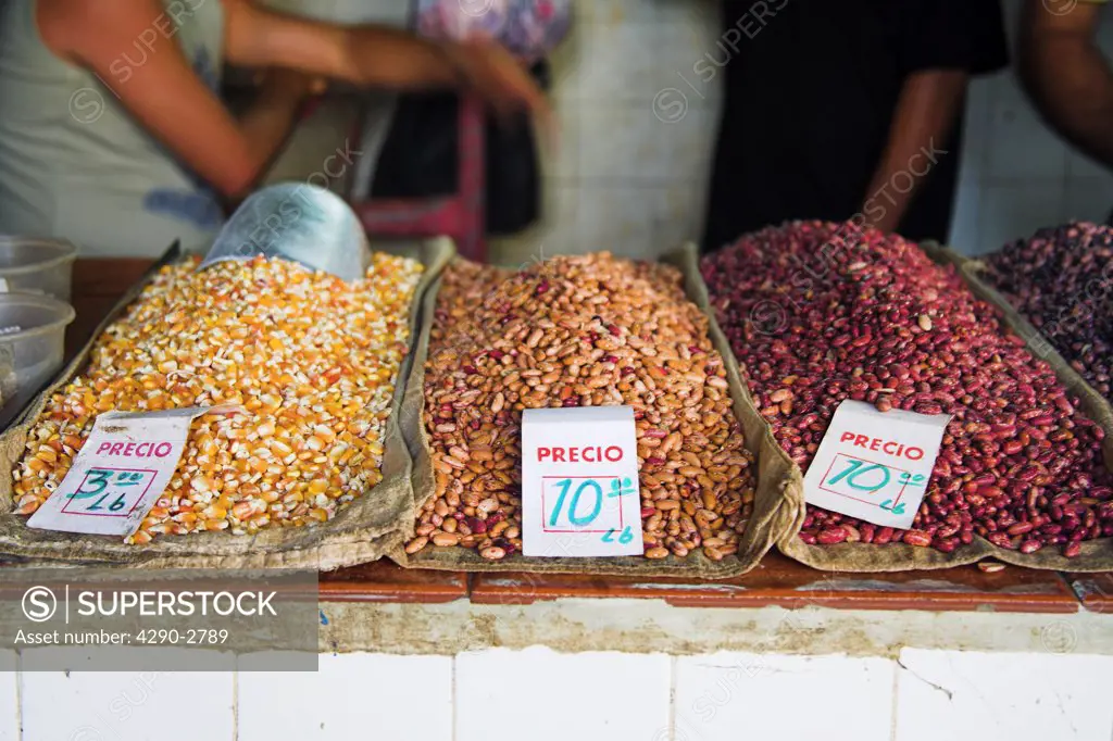 Dried lentils and beans for sale on a street market stall, Sancti Spiritus, Sancti Spiritus Province, Cuba