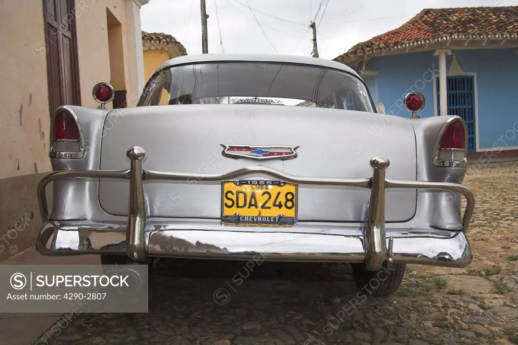 Classic American 1955 Chevrolet car parked at the roadside, Trinidad, Sancti Spiritus Province, Cuba