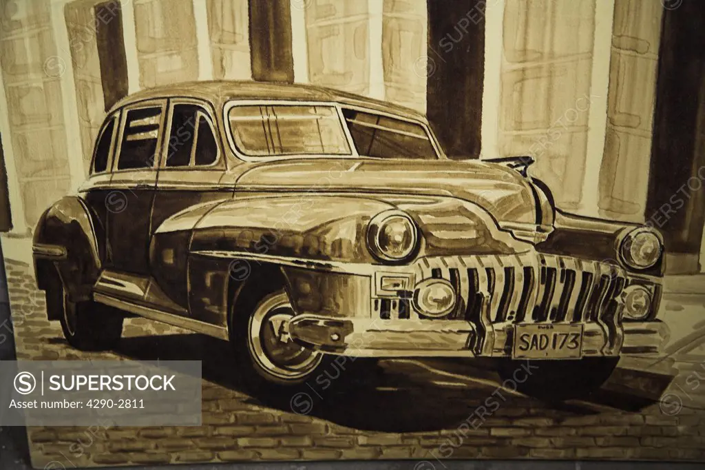 Painting of car for sale in an art gallery, Trinidad, Sancti Spiritus Province, Cuba