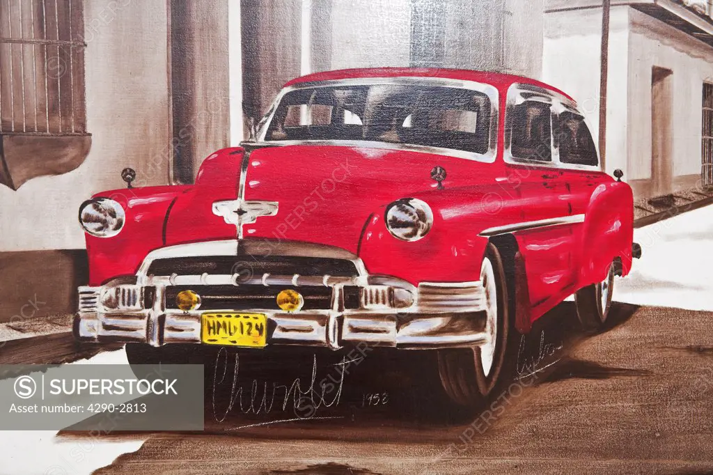 Painting of red Chevrolet car for sale in an art gallery, Trinidad, Sancti Spiritus Province, Cuba