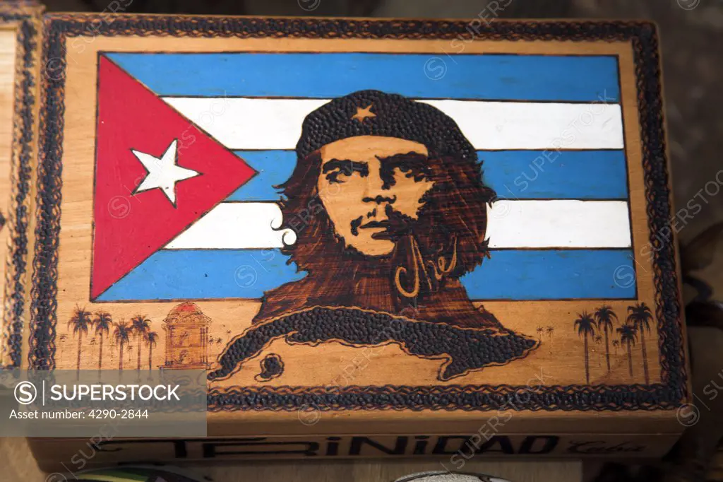 Cuban flag and Che Guevara portrait on a cigar box, Trinidad, Sancti Spiritus Province, Cuba