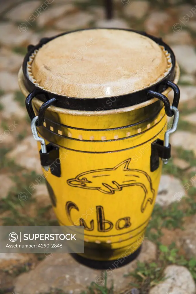 Yellow bongo drum for sale in market, Trinidad, Sancti Spiritus Province, Cuba