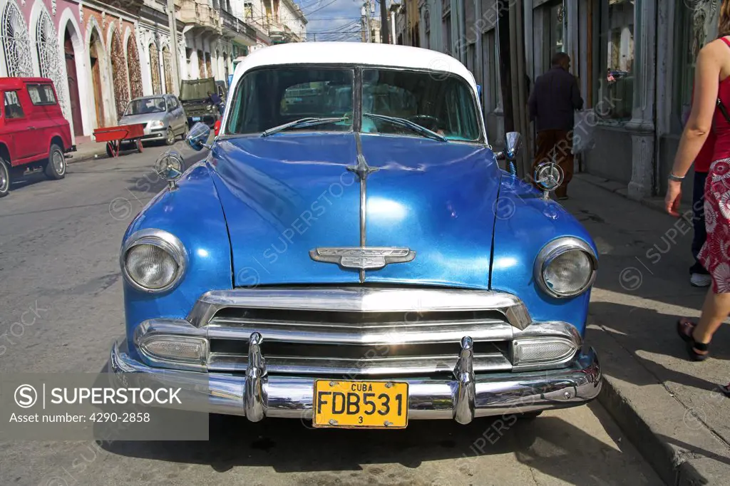 Classic American Chevrolet car parked at the roadside, Cienfuegos, Cienfuegos Province, Cuba