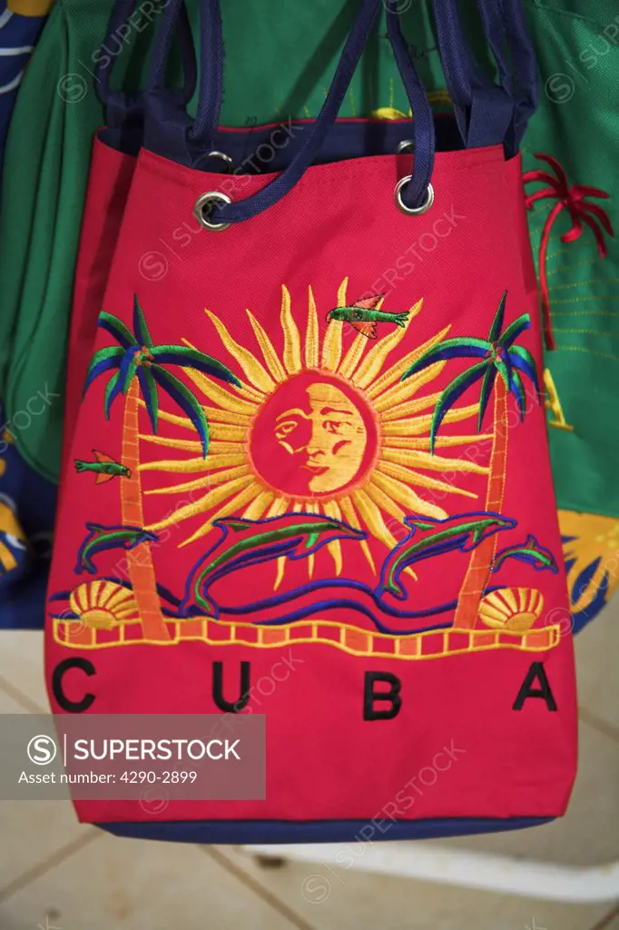 Brightly coloured Cuba shopping bag on display outside a shop, Havana, Habana Vieja, Cuba