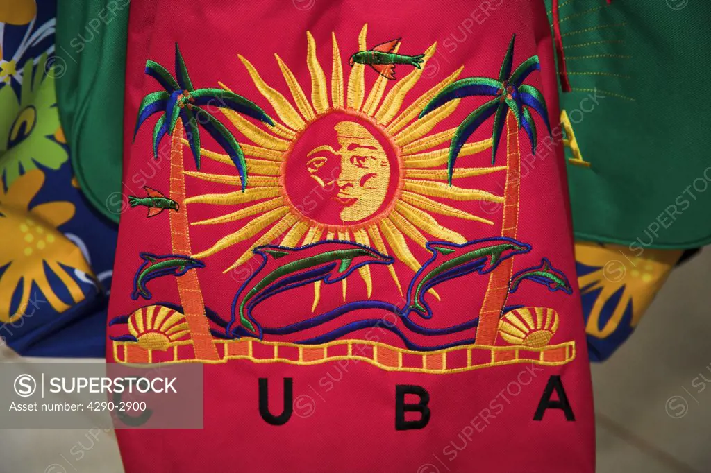 Brightly coloured red Cuba shopping bag on display outside a shop, Havana, Habana Vieja, Cuba