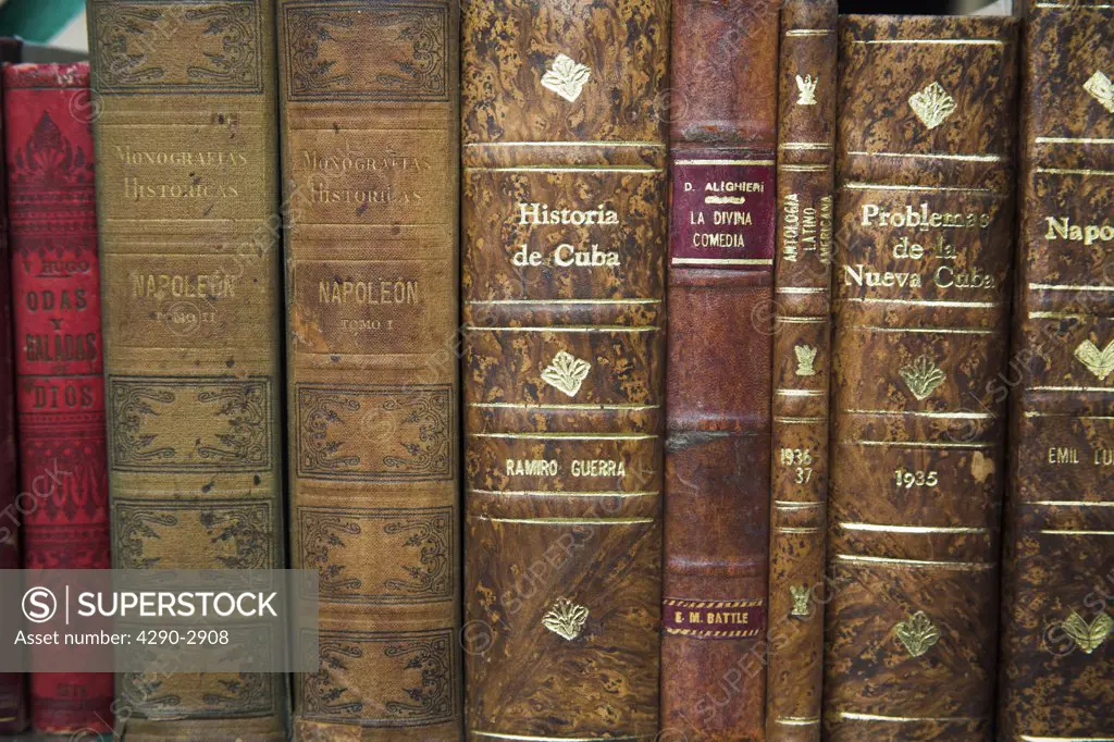Row of old bound books for sale in market, Plaza de Armas, Havana, La Habana Vieja, Cuba