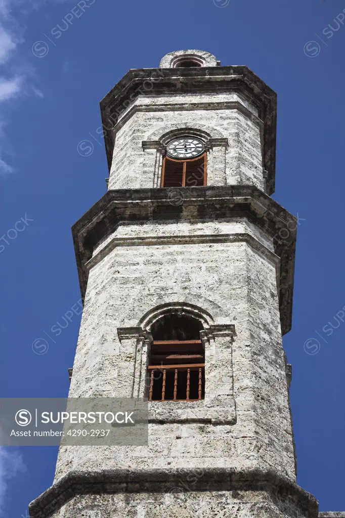 Clock tower, Catedral de La Habana, San Cristobal Cathedral, Plaza de la Catedral, Havana, La Habana Vieja, Cuba