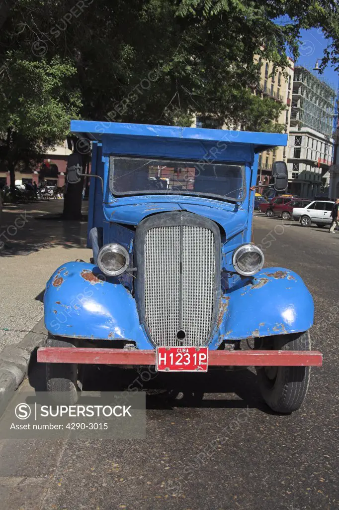 Old blue classic lorry parked by the roadside, Havana, La Habana Vieja, Cuba