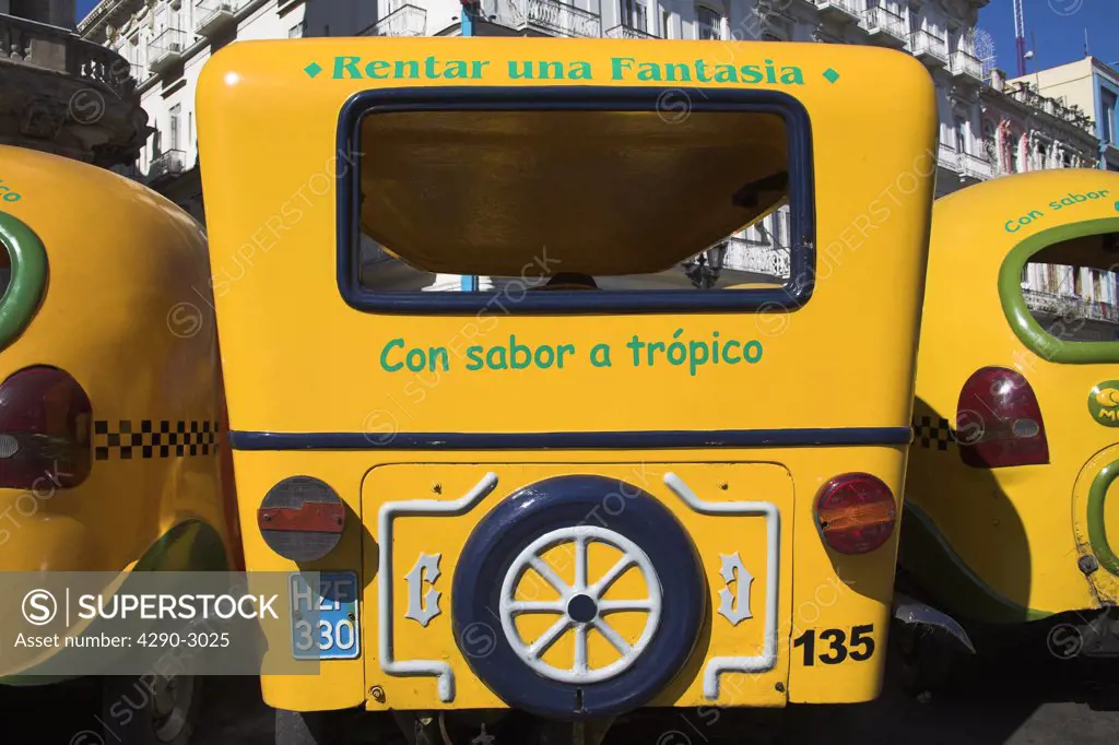 Three wheeled taxi parked at a taxi rank, Havana, La Habana Vieja, Cuba