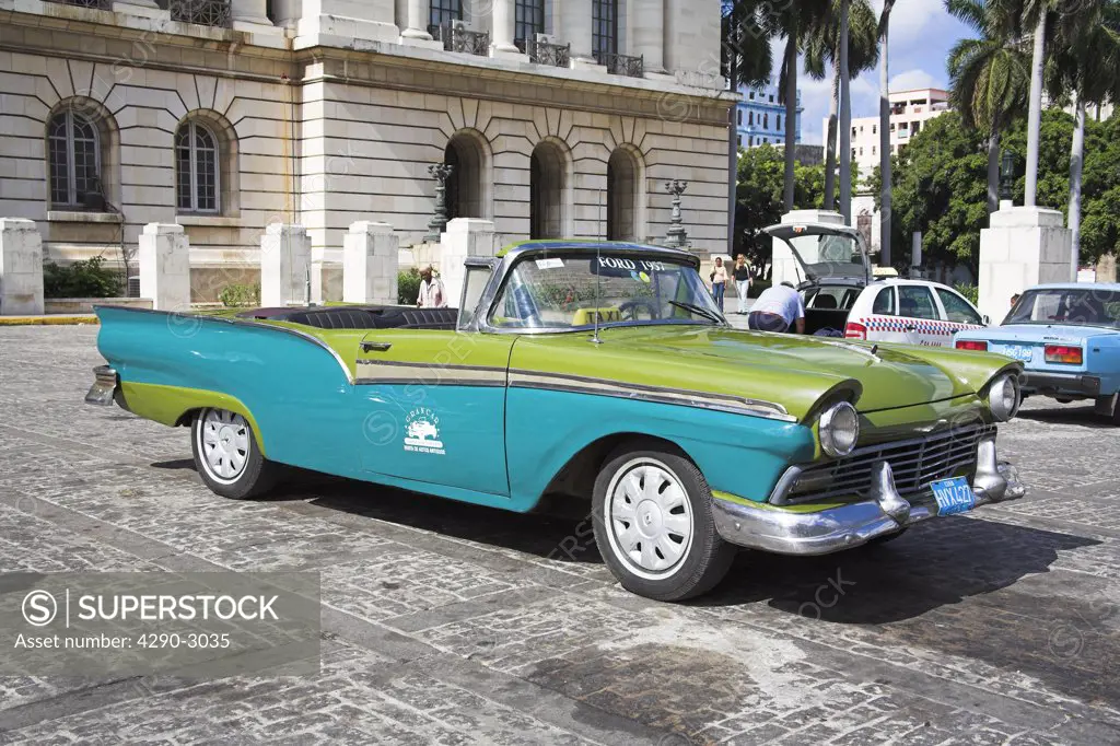 Classic 1957 American blue and green Ford convertible open top taxi, Havana, La Habana Vieja, Cuba