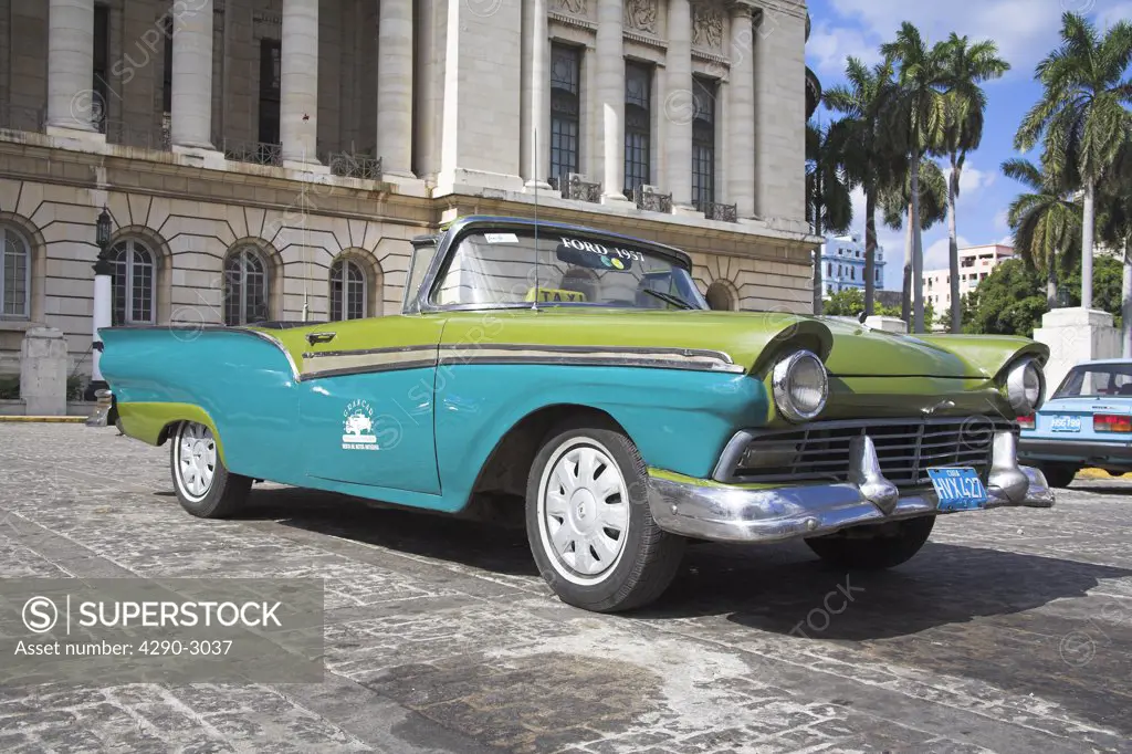 Classic 1957 American blue and green Ford convertible open top taxi, Havana, La Habana Vieja, Cuba