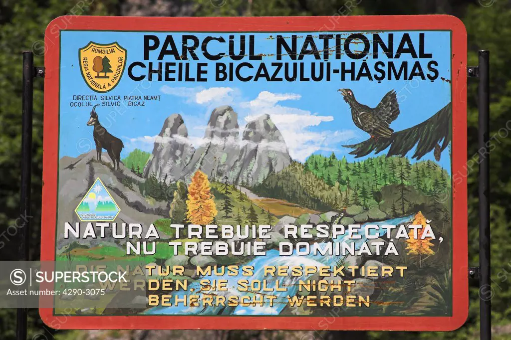 Bicaz Gorge sign, Cheile Bicazului Hasmas, Southern Moldavia, Romania