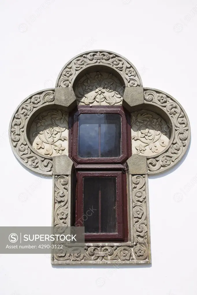 Window and wall of Old Church, Sinaia Orthodox Holy Monastery, Sinaia, Prahova Valley, Transylvania, Romania