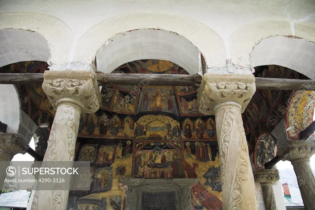 Paintings on wall of Old Church, Sinaia Orthodox Holy Monastery, Sinaia, Prahova Valley, Transylvania, Romania