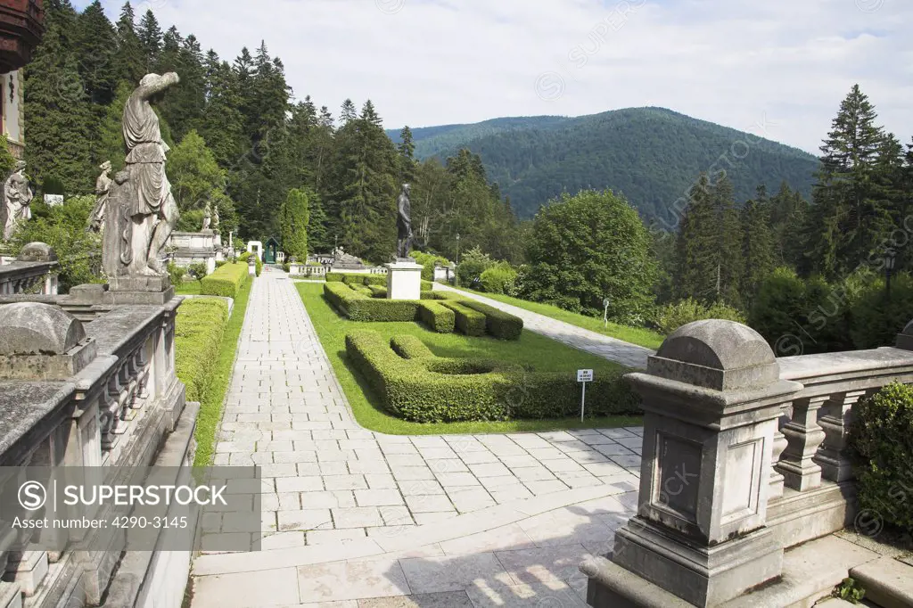 Garden, Peles Castle, Sinaia, Prahova Valley, Transylvania, Romania