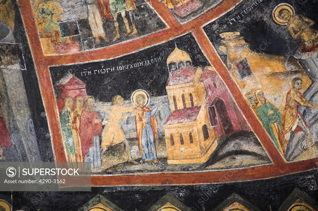Painting on wall of Old Church, Sinaia Orthodox Holy Monastery, Sinaia, Prahova Valley, Transylvania, Romania