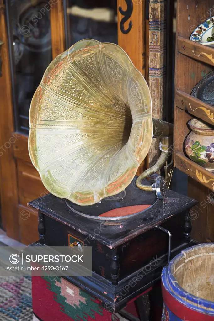 Antique His Masters Voice gramophone for sale in antique shop, Sighisoara, Transylvania, Romania