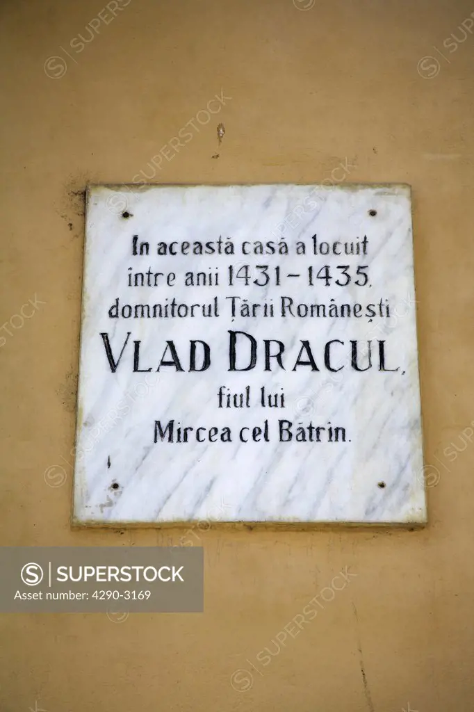 Wall plaque, Casa Dracula, birthplace of Vlad Dracul, Restaurant Vlad Dracul, Sighisoara, Transylvania, Romania