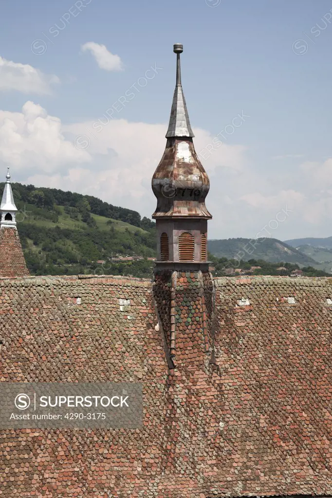 Roof of Biserica Manastirii, Church of the Dominican Monastery, from clock tower, Sighisoara, Transylvania, Romania