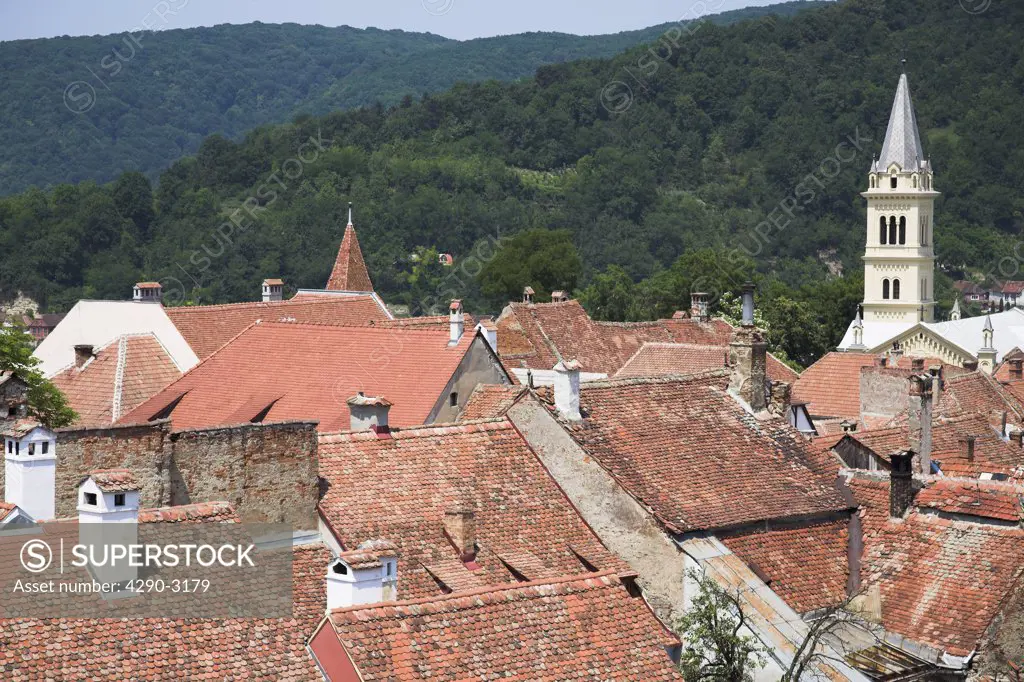 View of Sighisoara and Roman Catholic Church from the clock tower, Sighisoara, Transylvania, Romania