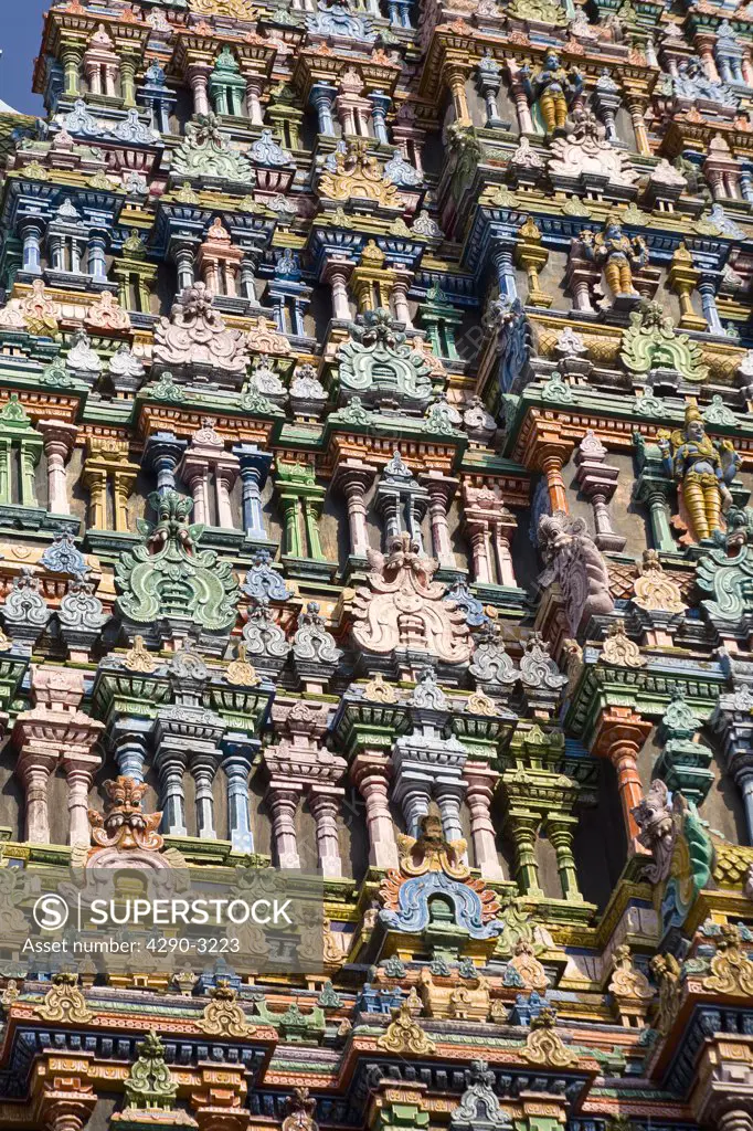 Carved figures on a gopuram, Meenakshi Temple, Madurai, Tamil Nadu, India
