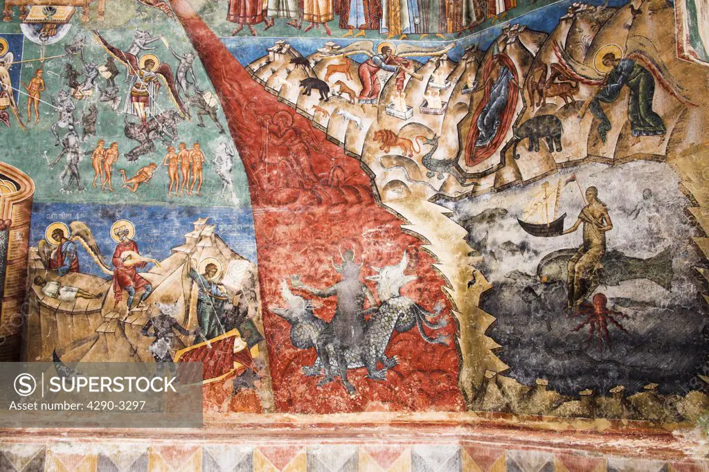 Last Judgement fresco on wall, Voronet Monastery, near Gura Humorului, Southern Bucovina, Moldavia, Romania