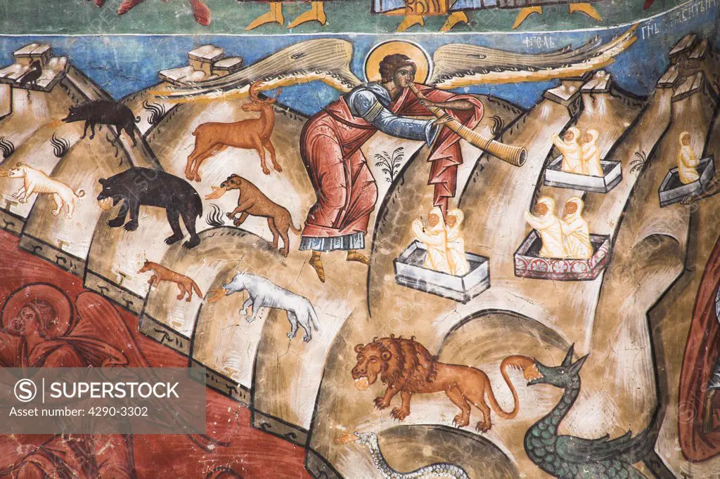 Part of Last Judgement fresco on wall, Voronet Monastery, near Gura Humorului, Bucovina, Moldavia, Romania