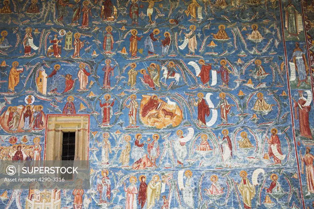 Frescoes on outside south wall, Voronet Monastery, near Gura Humorului, Bucovina, Moldavia, Romania