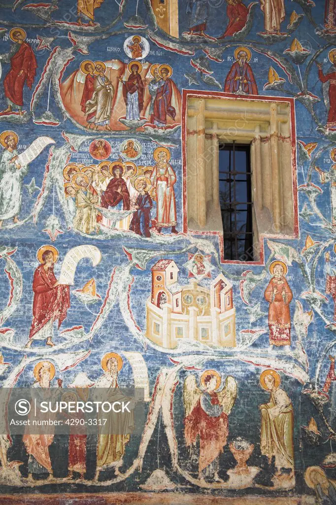 Frescoes on outside south wall, Voronet Monastery, near Gura Humorului, Bucovina, Moldavia, Romania