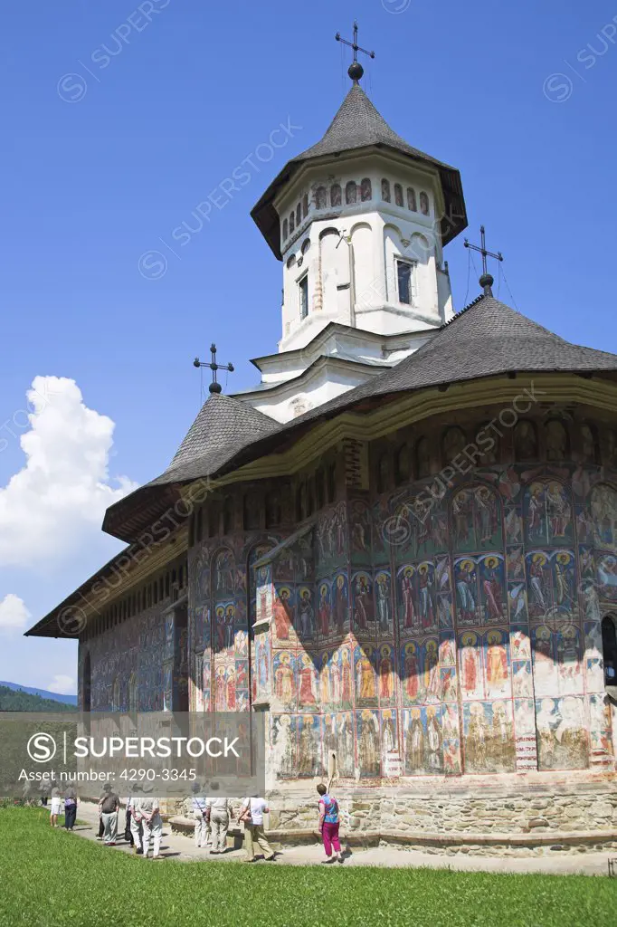 Tourists, Church Of The Annunciation, Moldovita Monastery, Moldovita, Southern Bucovina, Moldavia, Romania