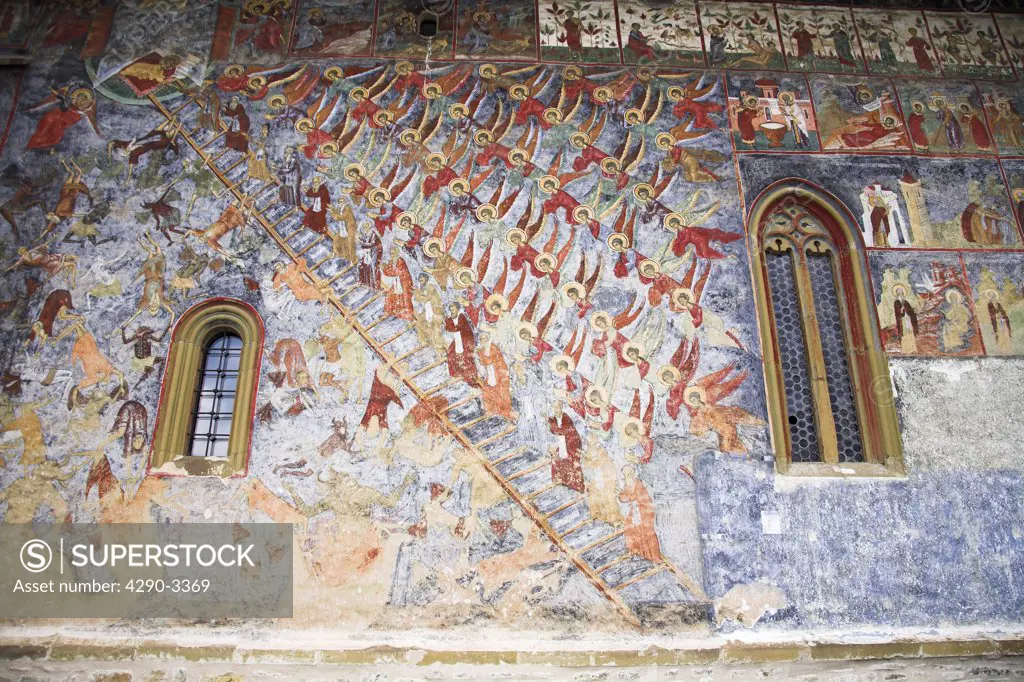 Ladder of Virtue fresco on outside wall, Sucevita Monastery, Sucevita, Southern Bucovina, Moldavia, Romania