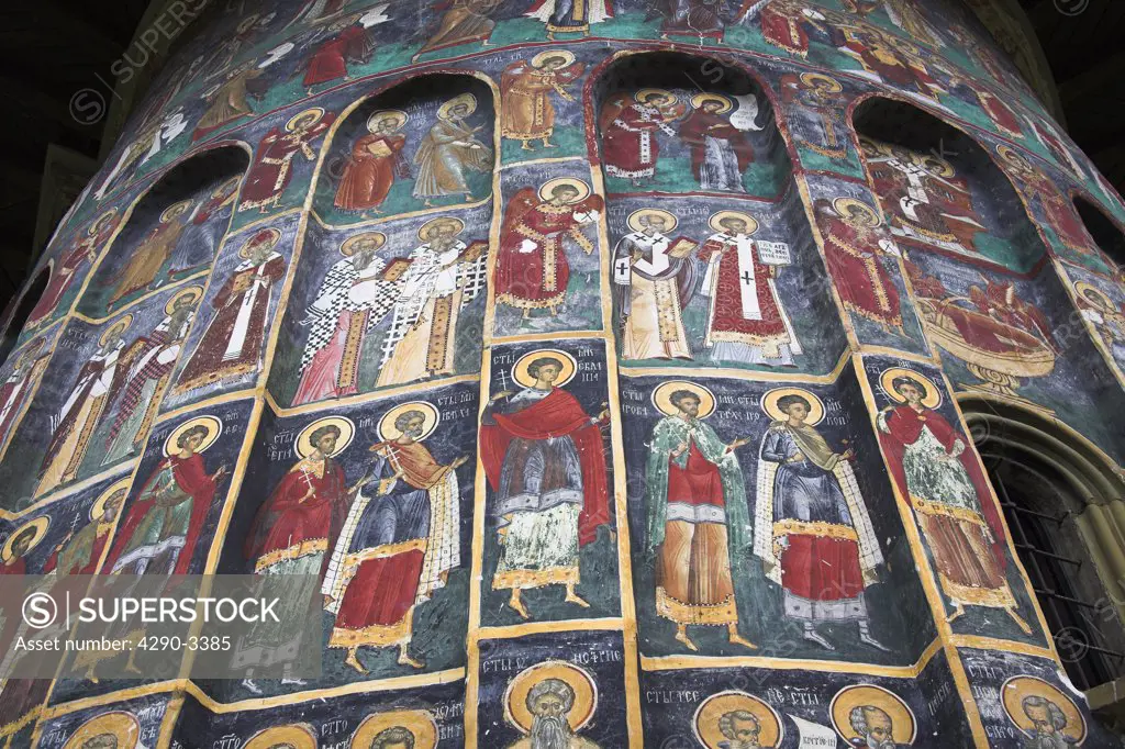 Several colourful frescoes on outside wall, Sucevita Monastery, Sucevita, Southern Bucovina, Moldavia, Romania