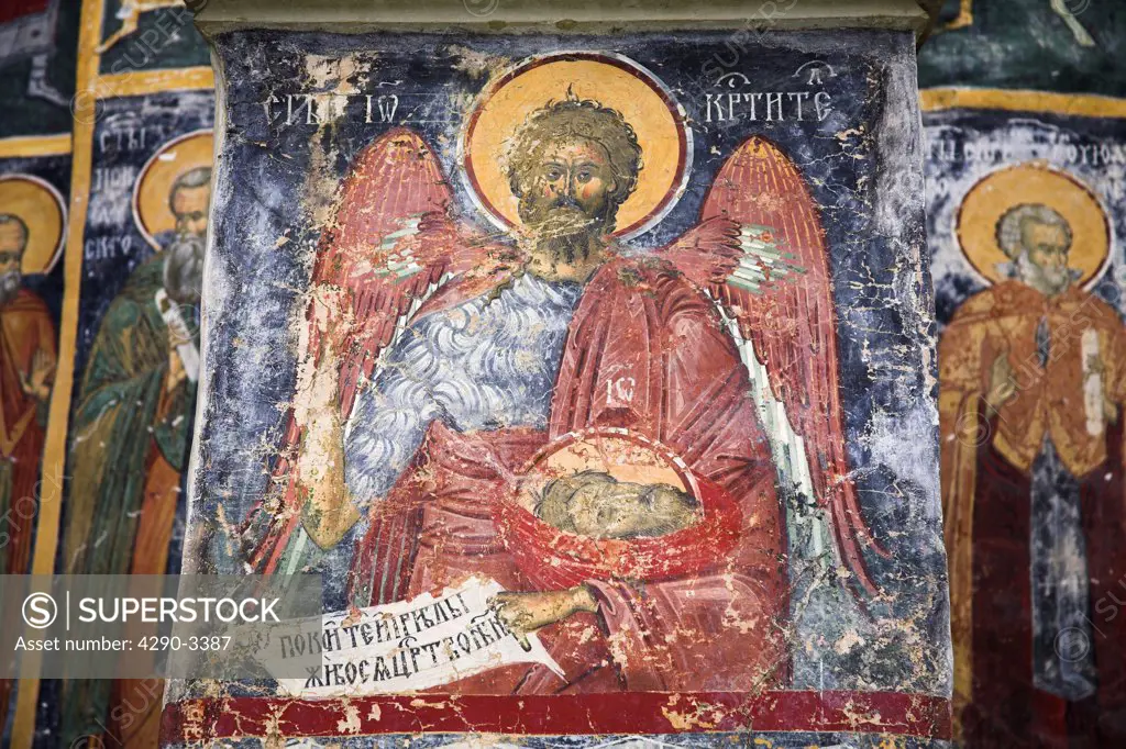 Fresco on outside wall, Sucevita Monastery, Sucevita, Southern Bucovina, Moldavia, Romania