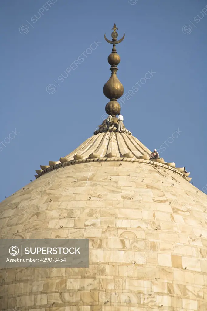 Close up view of men maintaining the dome of the Taj Mahal, Agra, Uttar Pradesh, India