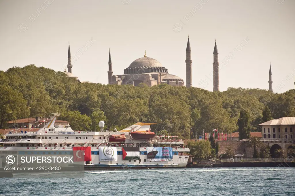 Haghia Sophia Mosque, and M/S Mavi Marmara ship in the foreground, Istanbul, Turkey