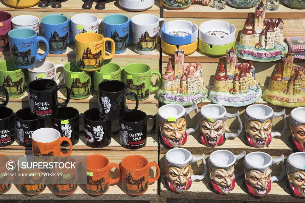 Colourful pottery coffee mugs for sale outside gift shop, Bran Castle, Bran, near Brasov, Transylvania, Romania
