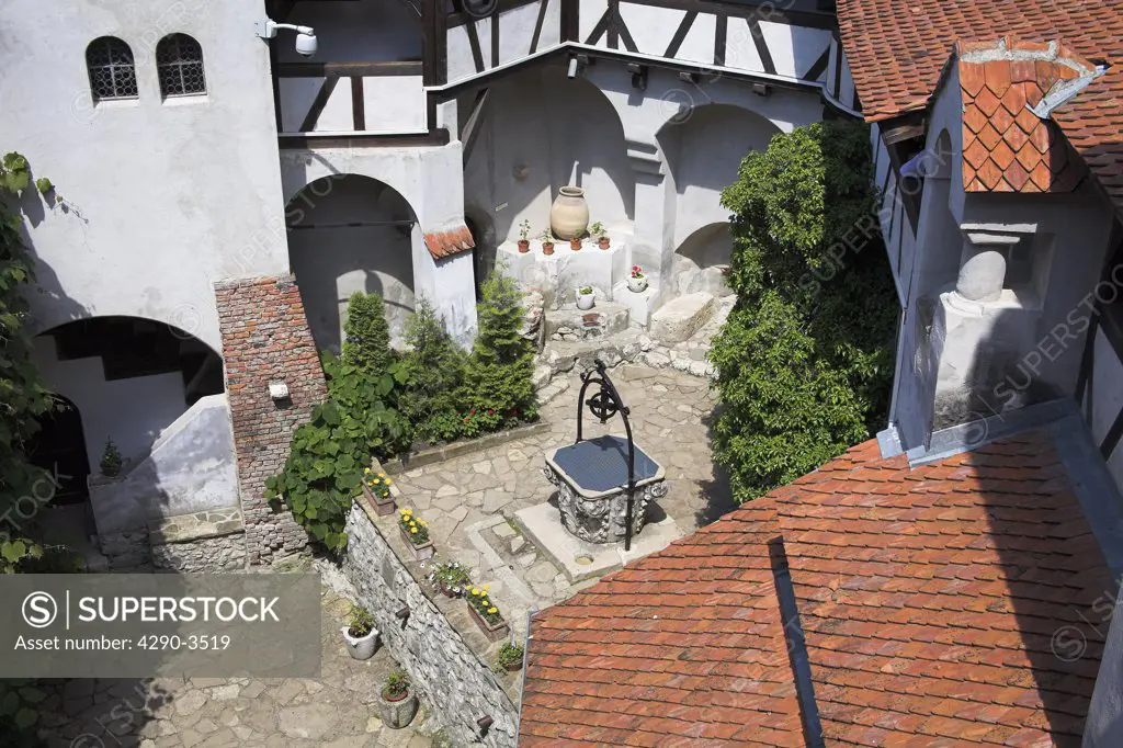 Overlooking the courtyard and Prince Mircea Chapel, Bran Castle, Bran, near Brasov, Transylvania, Romania