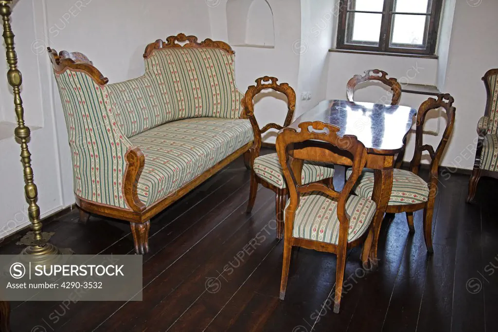 Antique furniture in 19th century Biedermeier Room, Bran Castle, Bran, near Brasov, Transylvania, Romania