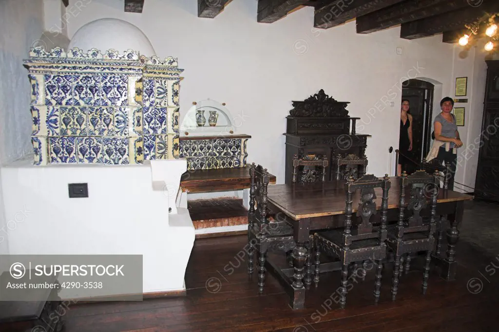 Antique furniture in a room in Bran Castle, Bran, near Brasov, Transylvania, Romania