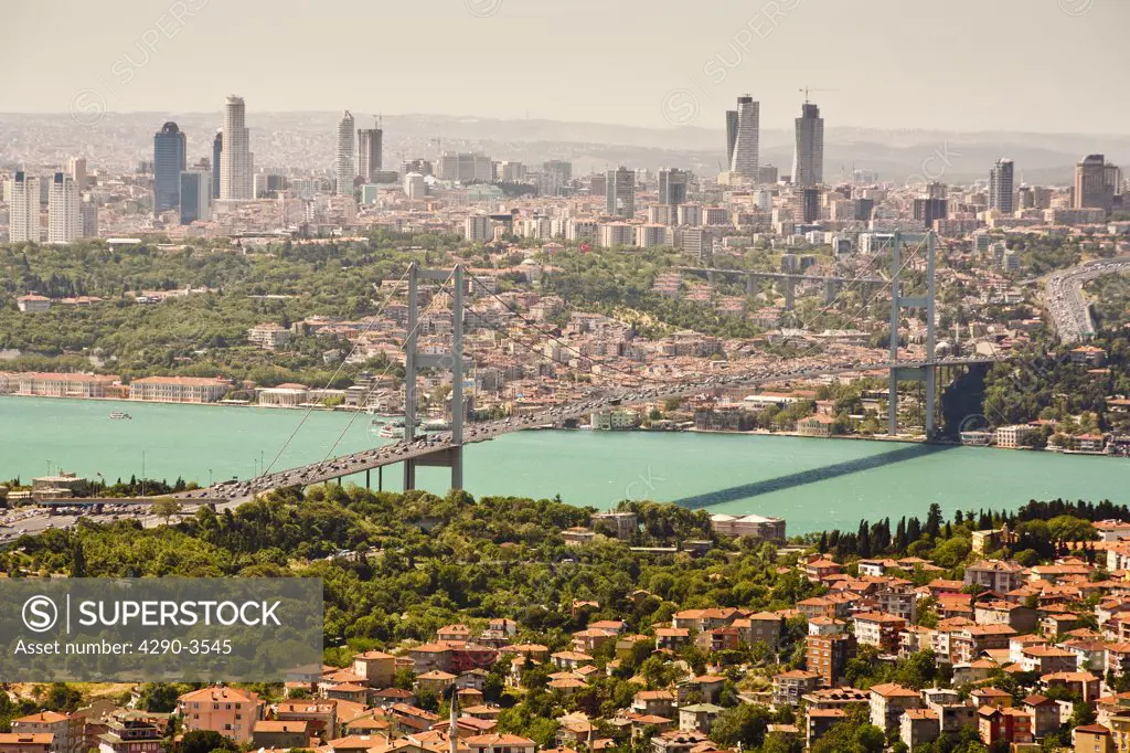 Panoramic view of the Bosphorus Bridge over the Bosphorus Strait, from Camlica Hill, on Asian side of Istanbul, Istanbul, Turkey