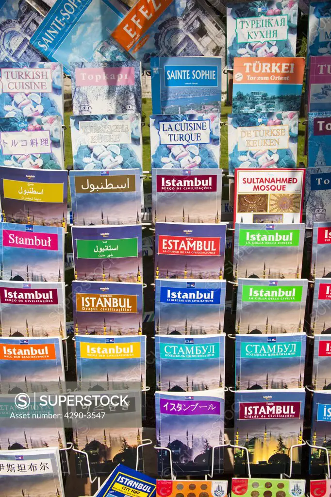 Istanbul travel guide books for sale outside a shop, Istanbul, Turkey