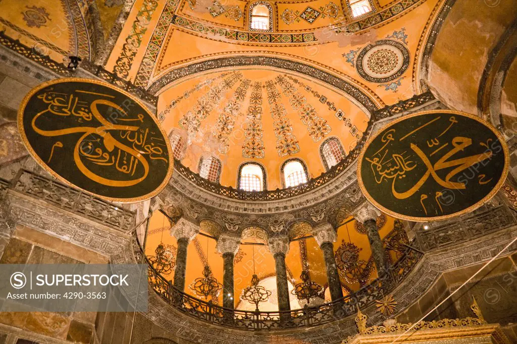 Ceiling and balcony inside Haghia Sophia Mosque, Istanbul, Turkey
