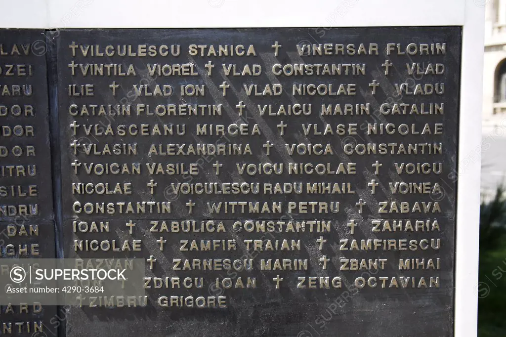 Plaque, Monument to 1989 Revolution, Rebirth Memorial, Piata Revolutiei, Revolution Square, Bucharest, Romania