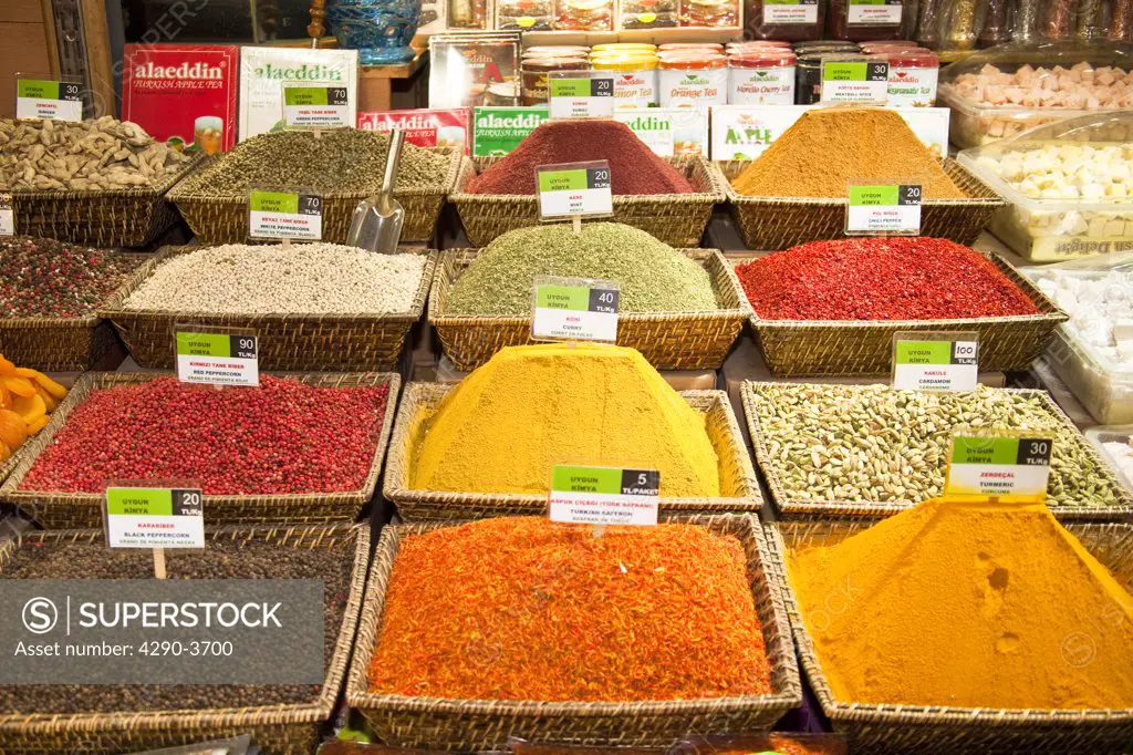 Spices for sale in the Misir Carsisi Spice Bazaar, Eminonu, Istanbul, Turkey