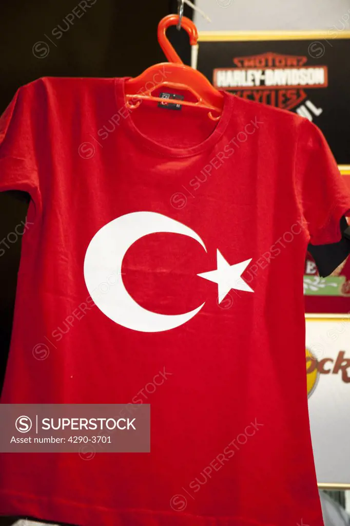 Red T shirt for sale, with Turkish emblem, in the Misir Carsisi Spice Bazaar, Eminonu, Istanbul, Turkey