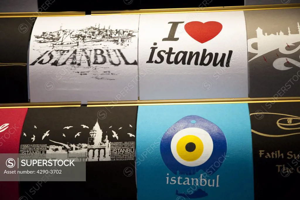 Istanbul T shirts for sale, in the Misir Carsisi Spice Bazaar, Eminonu, Istanbul, Turkey