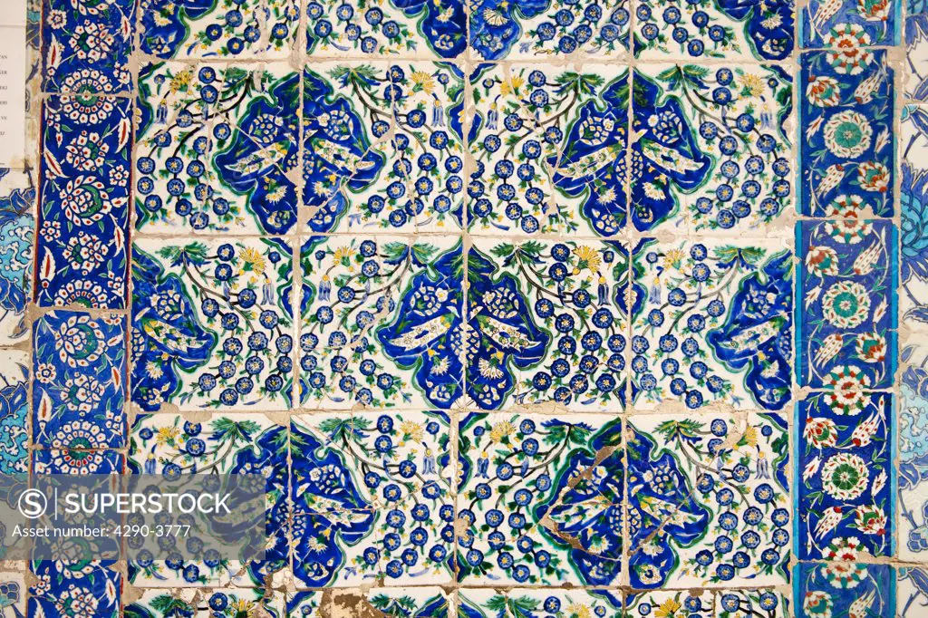 Ceramic wall tiles outside the Tomb of Abu Ayyub Al-Ansari at the Eyup Sultan Mosque, Eyup, Istanbul, Turkey