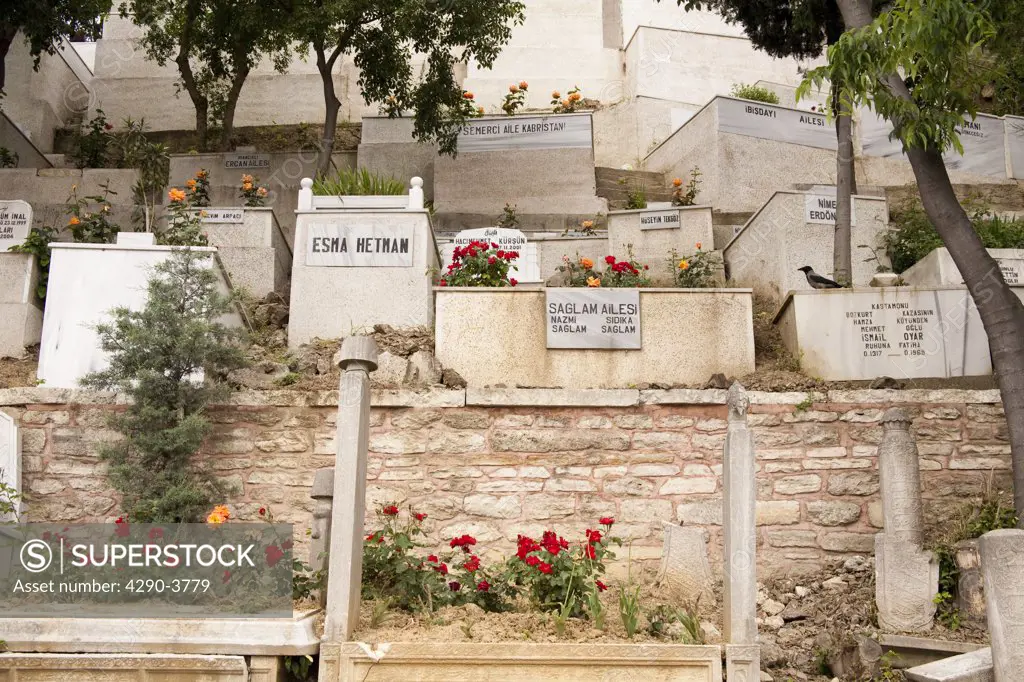 Graves in cemetery beside the Eyup Sultan Mosque, Eyup, Istanbul, Turkey