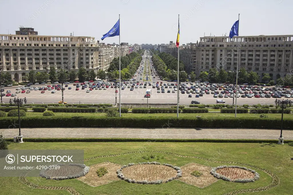View of Unirii Boulevard, from Palace of Parliament, Peoples Palace, Casa Poporului, Bucharest, Romania