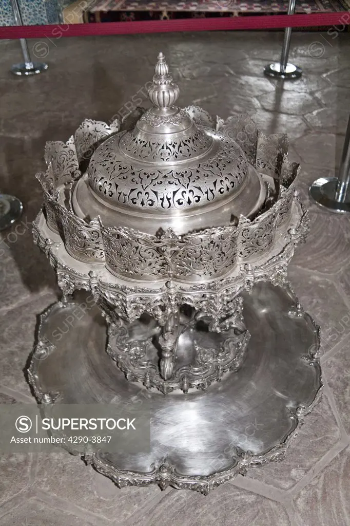 Silver mangal in Baghdad Pavilion, Topkapi Palace, also known as Topkapi Sarayi, Sultanahmet, Istanbul, Turkey